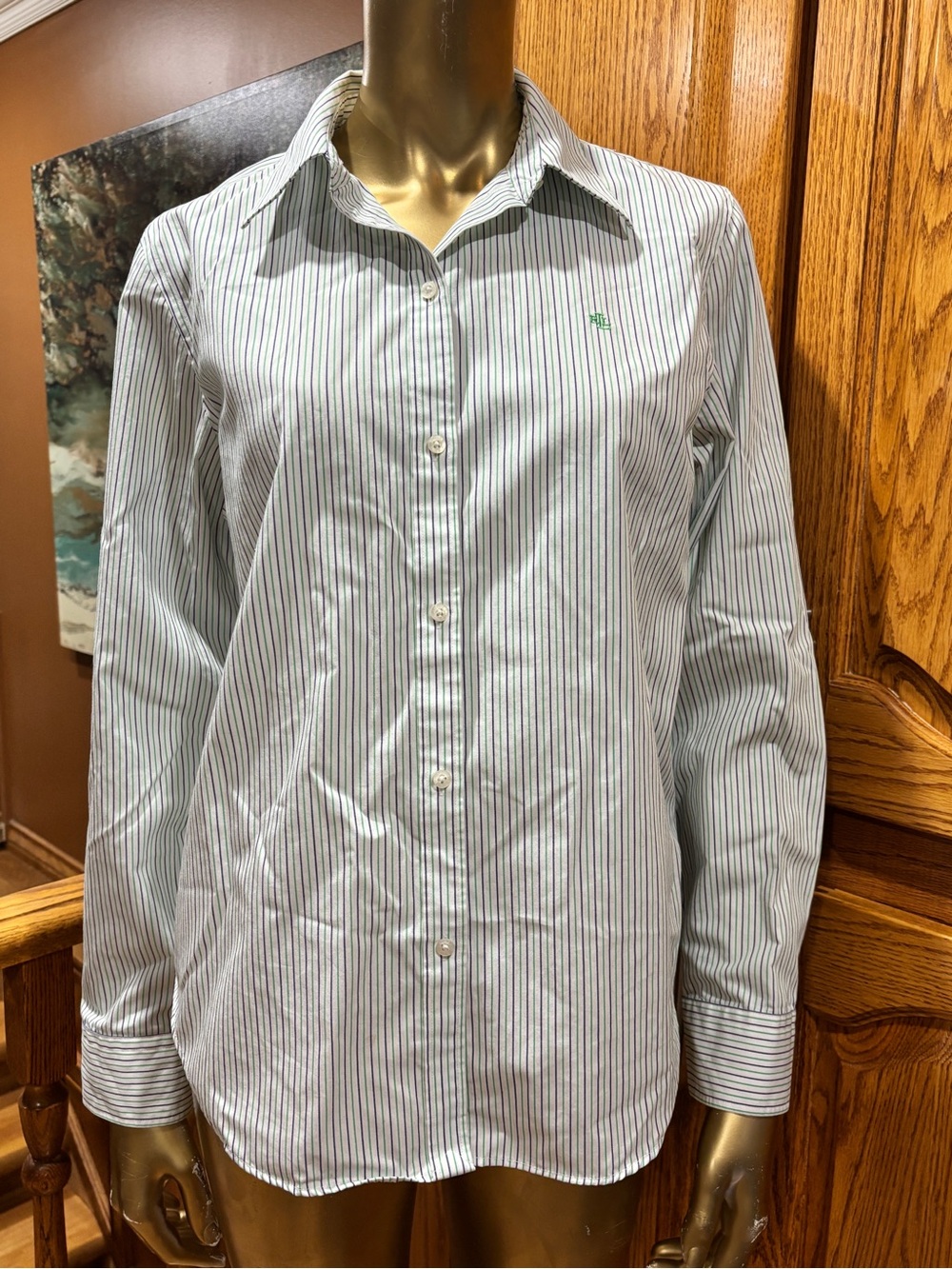 Ralph Lauren White Button-Down Shirt with Light Blue Pinstripes